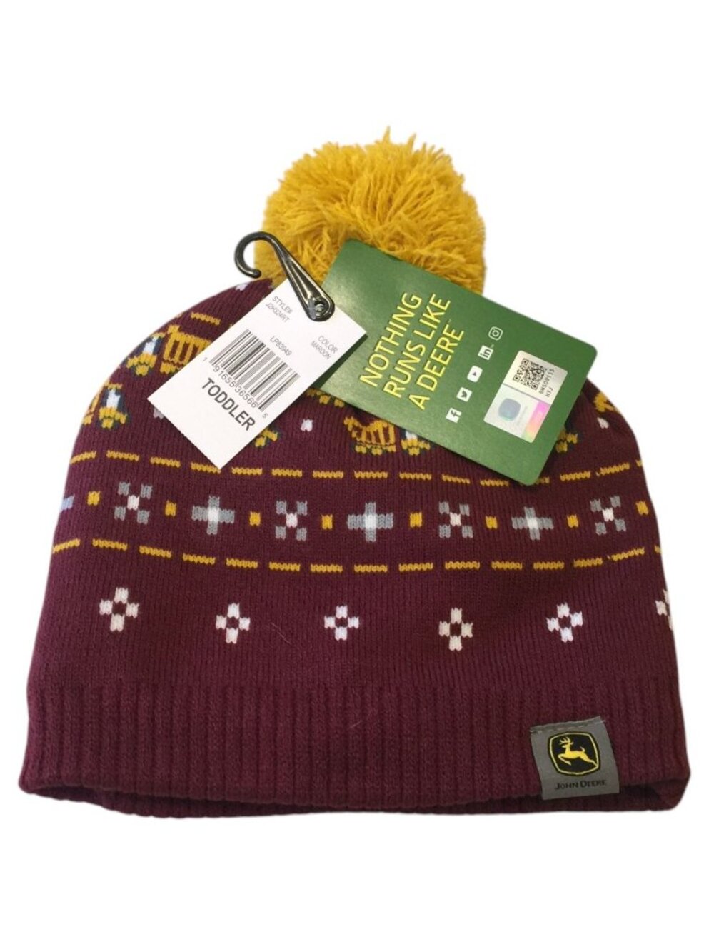 John Deere Dump Truck Toddler Knit Cuffed Beanie Pom Pom Maroon Gold